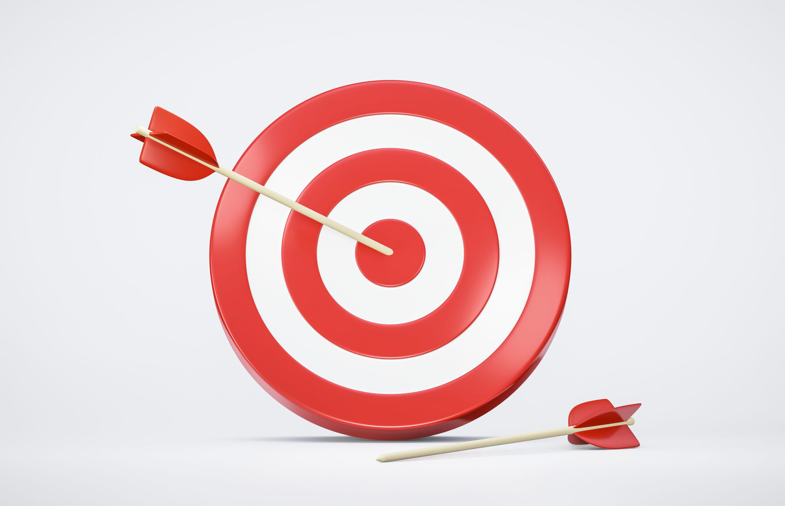 Red arrow aim to business target goal hit success center accuracy competition symbol or strategy dartboard and winner bullseye archery isolated on white 3d background icon with marketing achievement.